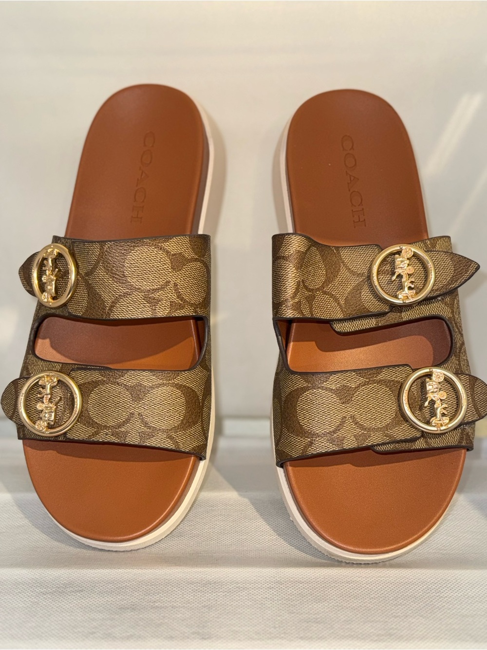 Coach Brown Signature Monogram Double-Buckle Slide Sandals - Picture 1 of 5